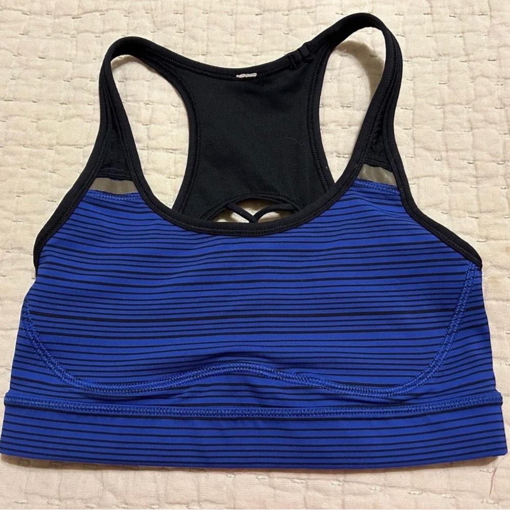 Lululemon Sweaty or Not Bra II in Kanto Stripe Sapphire Blue & Black, Size 2